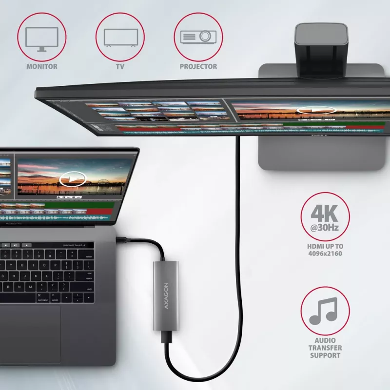 Axagon HMC-5G21 USB 10Gbps jaotur, 2x USB-A, 2x USB-C, HDMI 4k/30Hz, PD 60W, USB-C kaabel