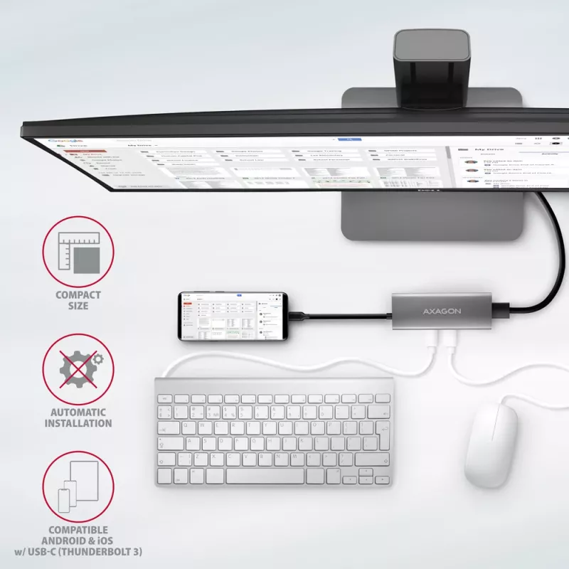 Axagon HMC-5G21 USB 10Gbps jaotur, 2x USB-A, 2x USB-C, HDMI 4k/30Hz, PD 60W, USB-C kaabel