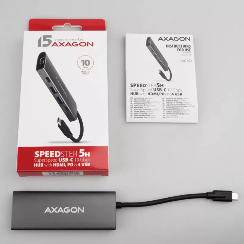 Axagon HMC-5G21 USB 10Gbps jaotur, 2x USB-A, 2x USB-C, HDMI 4k/30Hz, PD 60W, USB-C kaabel
