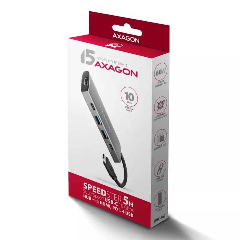 Axagon HMC-5G21 USB 10Gbps jaotur, 2x USB-A, 2x USB-C, HDMI 4k/30Hz, PD 60W, USB-C kaabel