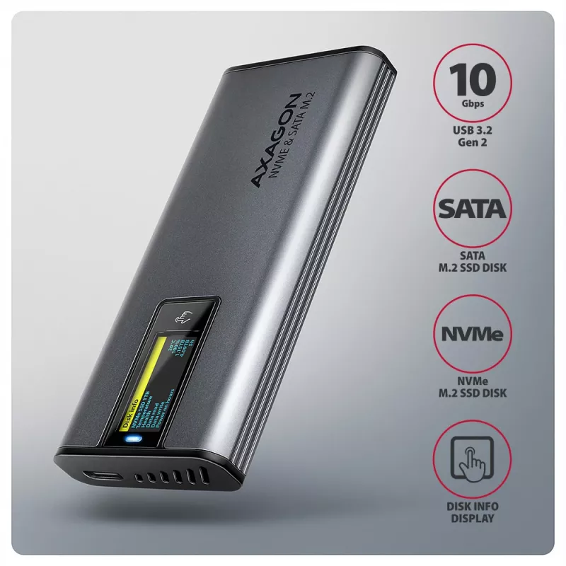 Axagon EEM2-SD2 USB-C 10Gbps - M.2 NVMe & SATA SSD EKRAANiga karp