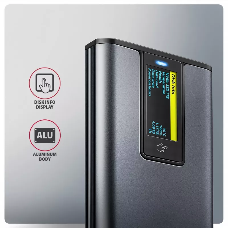 Axagon EEM2-SD2 USB-C 10Gbps - M.2 NVMe & SATA SSD EKRAANiga karp