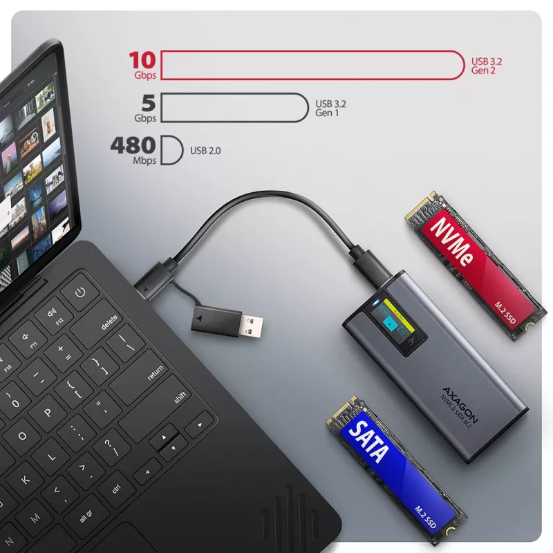 Axagon EEM2-SD2 USB-C 10Gbps - M.2 NVMe & SATA SSD EKRAANiga karp
