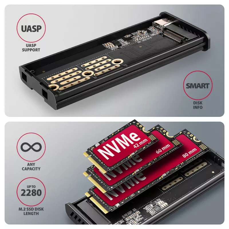 Axagon EEM2-SD2 USB-C 10Gbps - M.2 NVMe & SATA SSD EKRAANiga karp