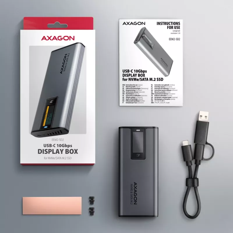 Axagon EEM2-SD2 USB-C 10Gbps - M.2 NVMe & SATA SSD EKRAANiga karp
