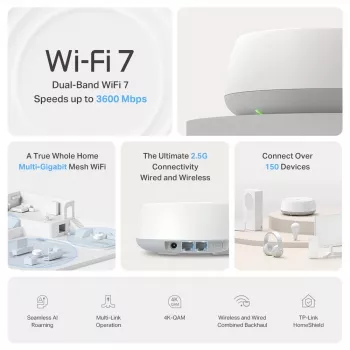 TP-Link BE3600 Whole Home Mesh Wi-Fi 7 System(1-Pack), Valge, Sisemine, Mesh-süsteem, Dual-band (2,4 GHz / 5 GHz), Wi-Fi 7 (802.11be), 2882 Mbit/s