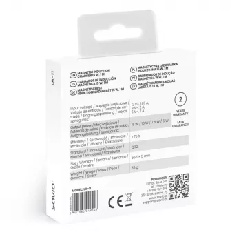 Juhtmeta siseruumide mobiililaadija SAVIO LA-11, Qi 1.2, 15 W, valge, 55×55×5 mm
