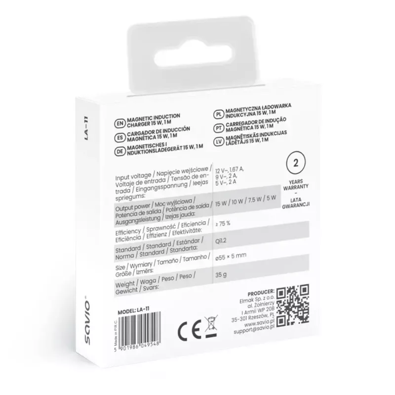 Juhtmeta siseruumide mobiililaadija SAVIO LA-11, Qi 1.2, 15 W, valge, 55×55×5 mm