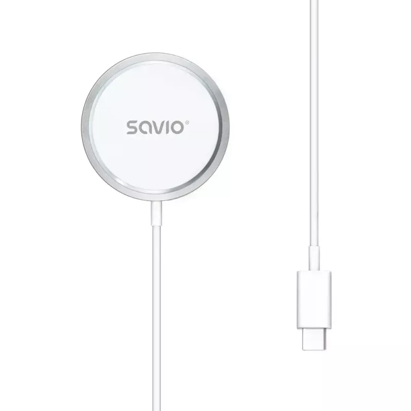 Juhtmeta siseruumide mobiililaadija SAVIO LA-11, Qi 1.2, 15 W, valge, 55×55×5 mm