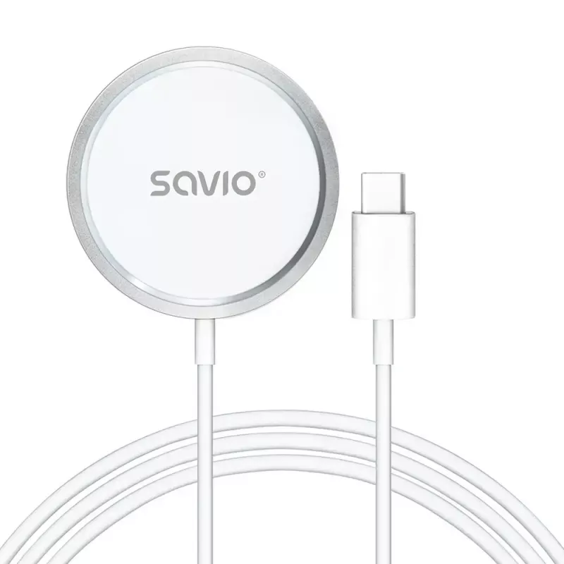 Juhtmeta siseruumide mobiililaadija SAVIO LA-11, Qi 1.2, 15 W, valge, 55×55×5 mm