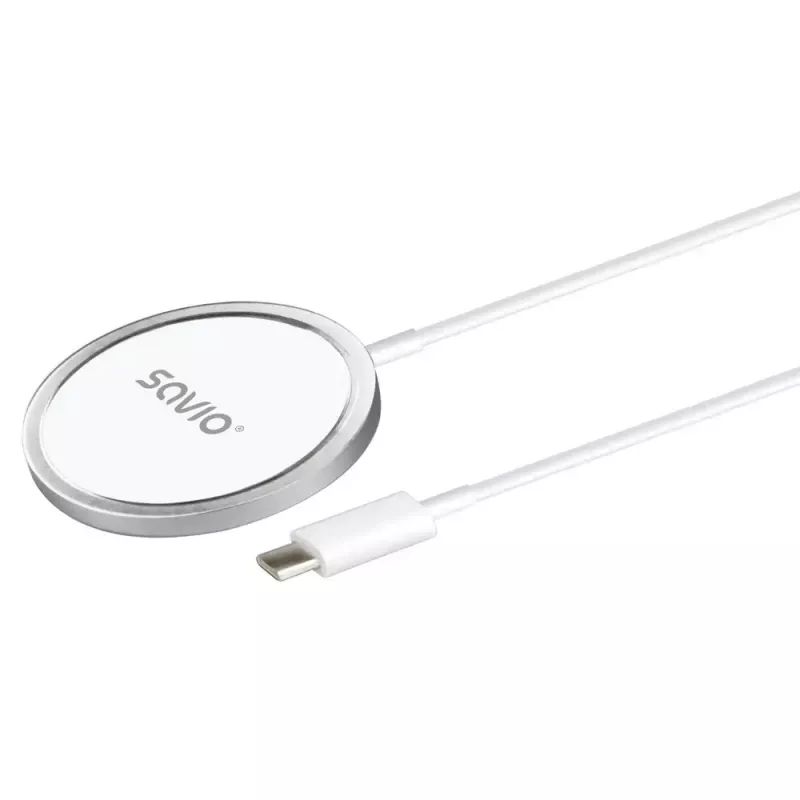 Juhtmeta siseruumide mobiililaadija SAVIO LA-11, Qi 1.2, 15 W, valge, 55×55×5 mm
