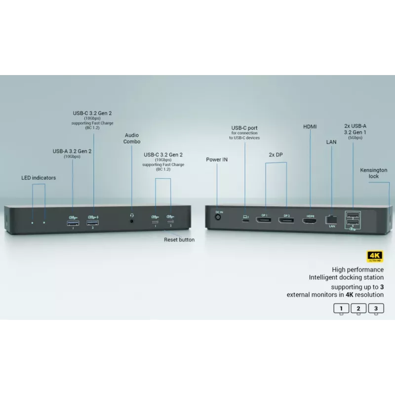 i-tec USB-C Intelligent Triple Display Docking Station + toiteedastus 100 W