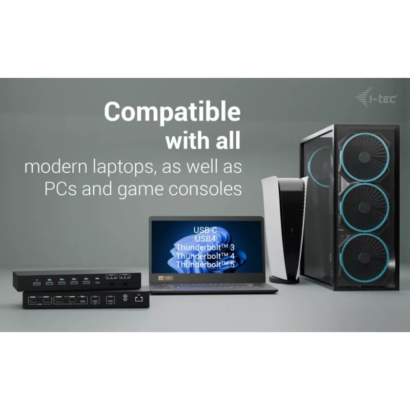 ITEC i-tec USB-C KVM Dock PRO kolme hosti jaoks, topeltvideo, 2x toiteedastus (max 92 W), USB 3.2, 10 Gbit/s, Gigabit Ethernet