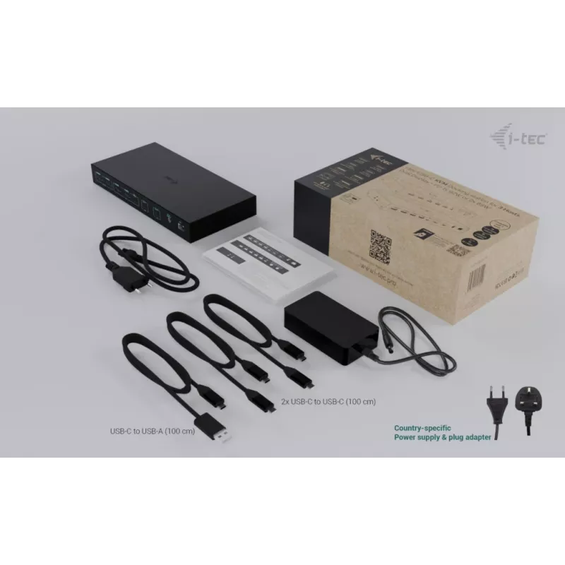 ITEC i-tec USB-C KVM Dock PRO kolme hosti jaoks, topeltvideo, 2x toiteedastus (max 92 W), USB 3.2, 10 Gbit/s, Gigabit Ethernet
