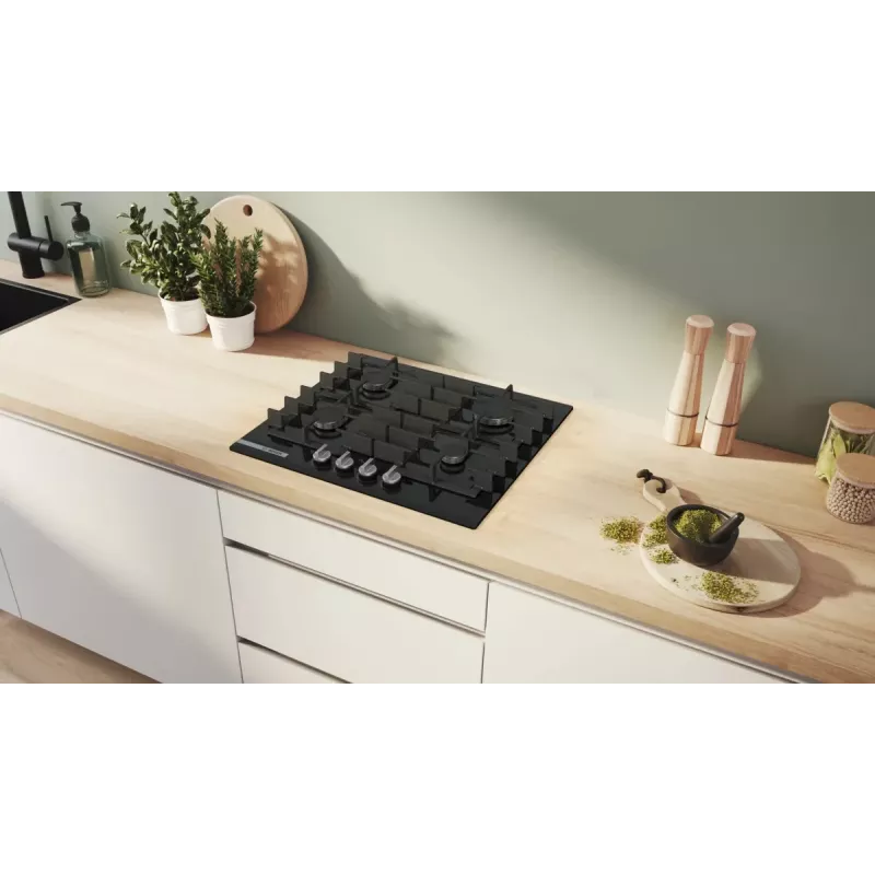 Sisseehitatud gaasipliit Bosch PRP6A6H40 — 60 cm, must, 4 põletit, eesmised pöördnupud