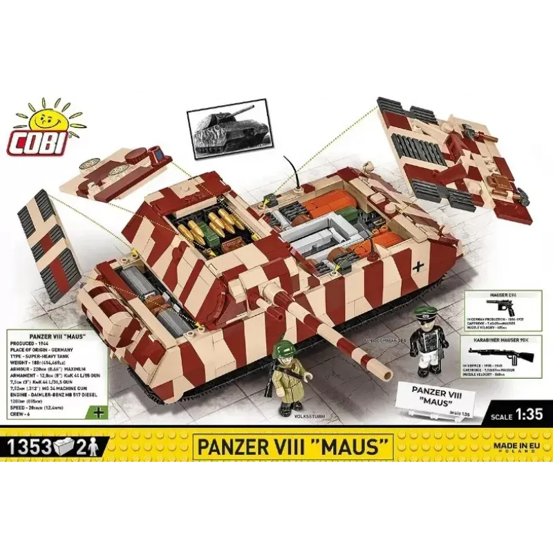 Cobi Building Blocks Panzer VIII Maus mudelikomplekt 1:35 skaalal COBI-3138, üksikasjalik sõjaväesõiduki koopia