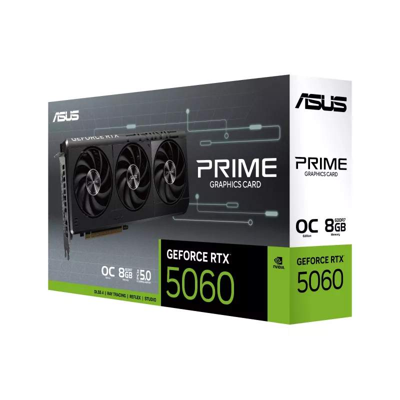 Graafikakaart ASUS GeForce RTX 5060 — 8 GB GDDR7, 128-bit, PCIe 5.0, 3x DisplayPort 2.1b + 1x HDMI 2.1b, 2595 MHz OC, 3 ventilaatorit, 268,3 mm