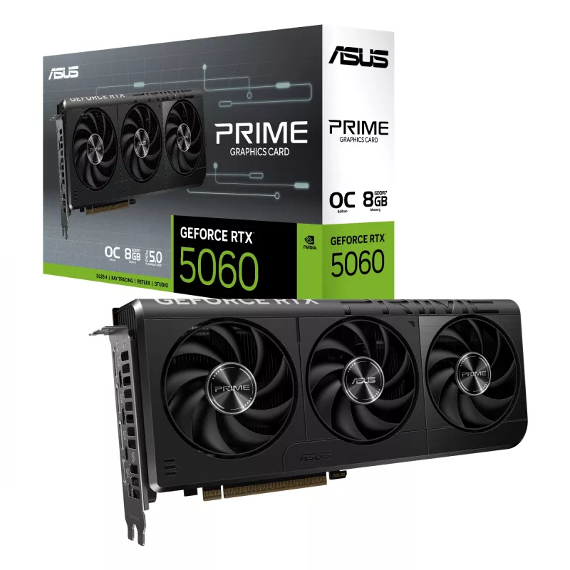 Graafikakaart ASUS GeForce RTX 5060 — 8 GB GDDR7, 128-bit, PCIe 5.0, 3x DisplayPort 2.1b + 1x HDMI 2.1b, 2595 MHz OC, 3 ventilaatorit, 268,3 mm