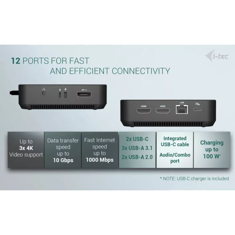 i-tec USB-C DP Dual HDMI dokkimisjaam toiteedastusega 100 W + universaalne laadija 100 W