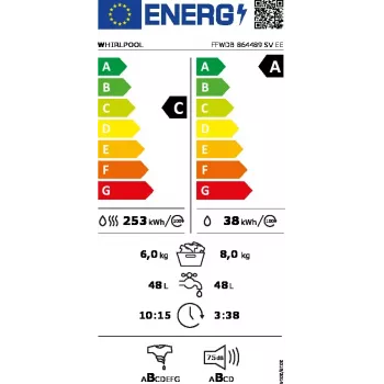 Pesumasin-kuivati WHIRLPOOL FFWDB 864489 SV EE eestlaetav 6 kg 1400 RPM valge