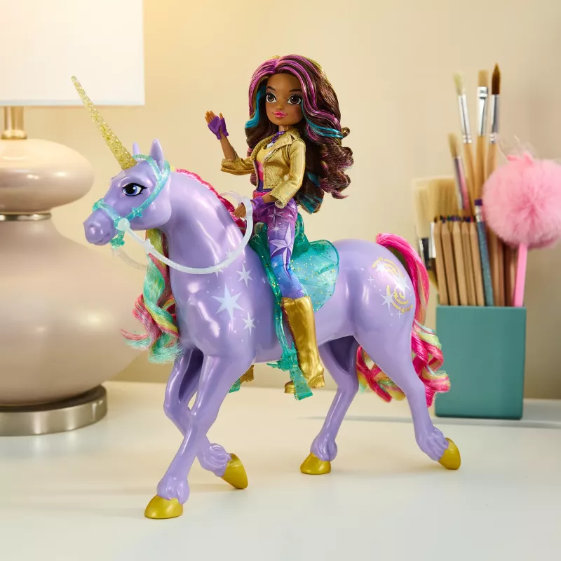 Spin Master Unicorn Academy Wildstar ükssarviku mängukuju 11 tolli, läbipaistva sadula ja valjastega, mitmevärviline, plastist, vanusele 4+