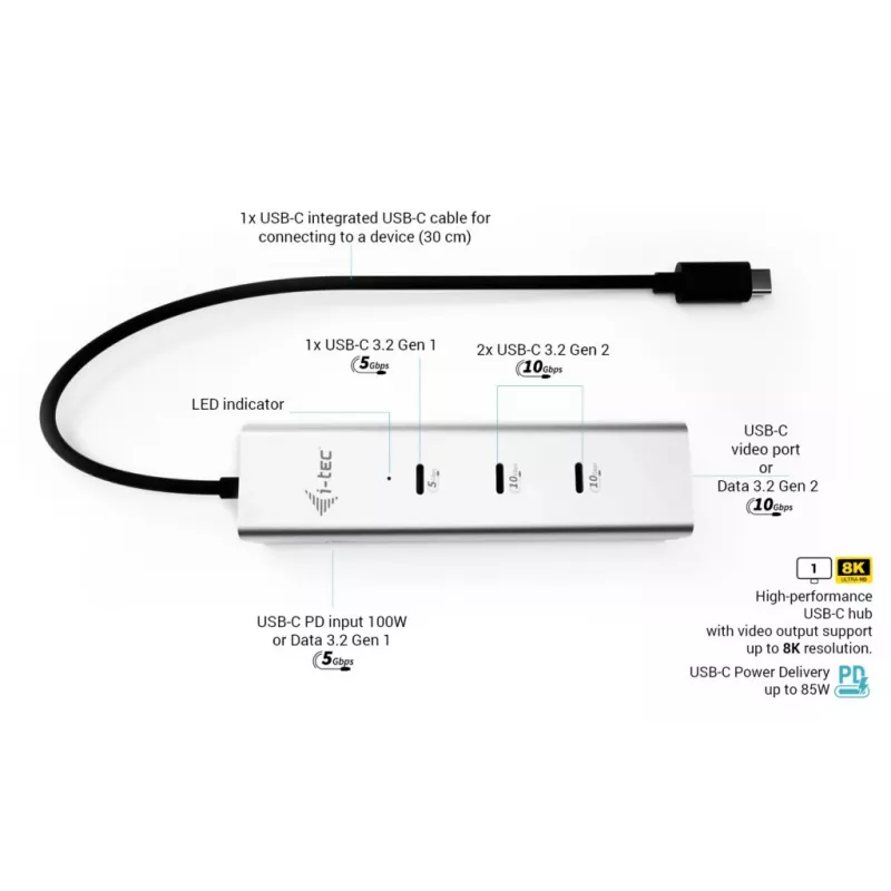 i-tec Metal USB-C laadimisjaotur 5 pordiga koos USB-C video 8K + toiteedastus 85 W