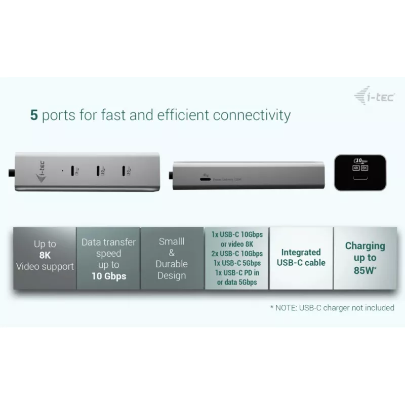 i-tec Metal USB-C laadimisjaotur 5 pordiga koos USB-C video 8K + toiteedastus 85 W