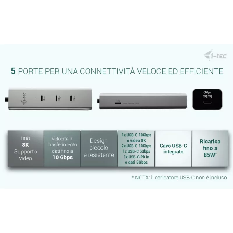 i-tec Metal USB-C laadimisjaotur 5 pordiga koos USB-C video 8K + toiteedastus 85 W