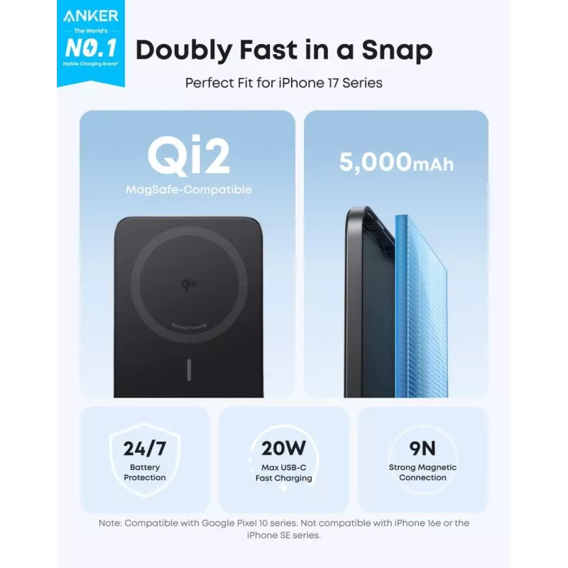 ANKER Nano Magnetiline Juhtmevaba Akupank 5000 mAh 15 W Must