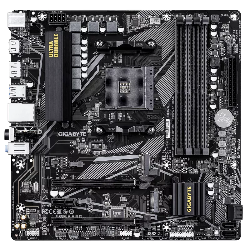 GIGABYTE B550M DS3H AC R2 emaplaat - AMD Ryzen 5000 protsessoritele, 5+3 faasi VRM, kuni 4733MHz DDR4 (O.C.), 1xPCIe 4.0 + 1xPCIe 3.0 M.2, Wi-Fi 5, 1GbE LAN, USB 3.2 Gen 1