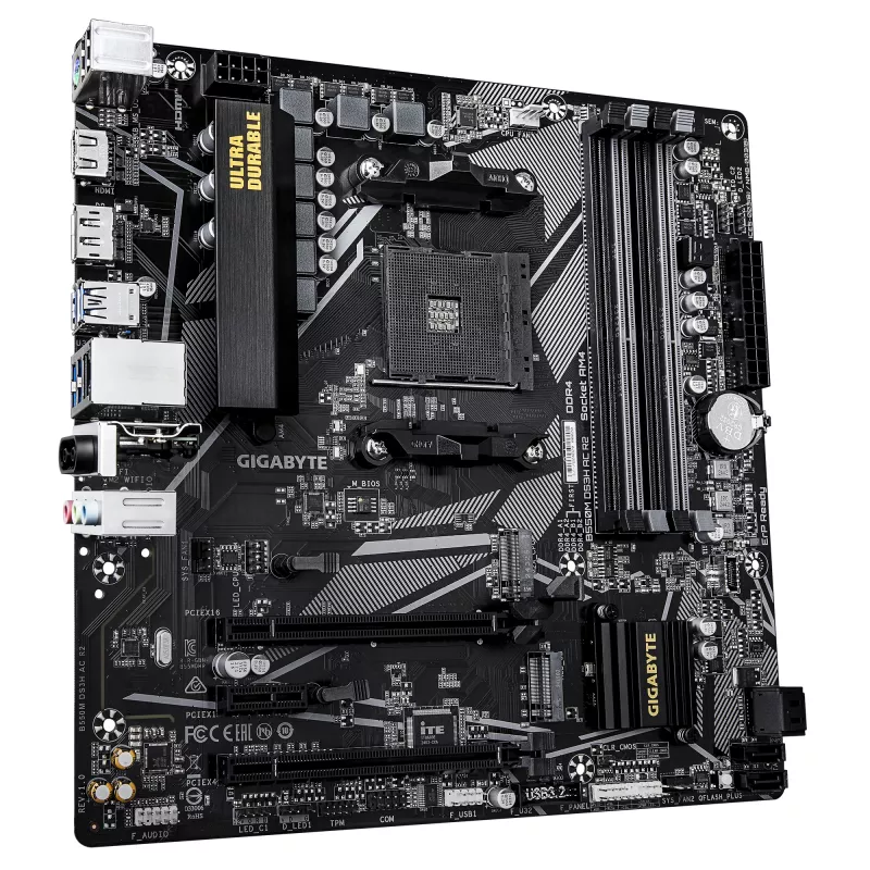 GIGABYTE B550M DS3H AC R2 emaplaat - AMD Ryzen 5000 protsessoritele, 5+3 faasi VRM, kuni 4733MHz DDR4 (O.C.), 1xPCIe 4.0 + 1xPCIe 3.0 M.2, Wi-Fi 5, 1GbE LAN, USB 3.2 Gen 1