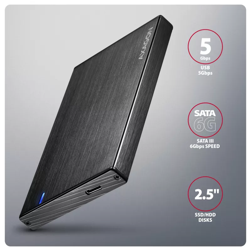 AXAGON EE25-XA6C kompaktne alumiiniumist USB-C 5Gbps – SATA 6G väline karp 2,5-tollisele SSD-le/HDD-le