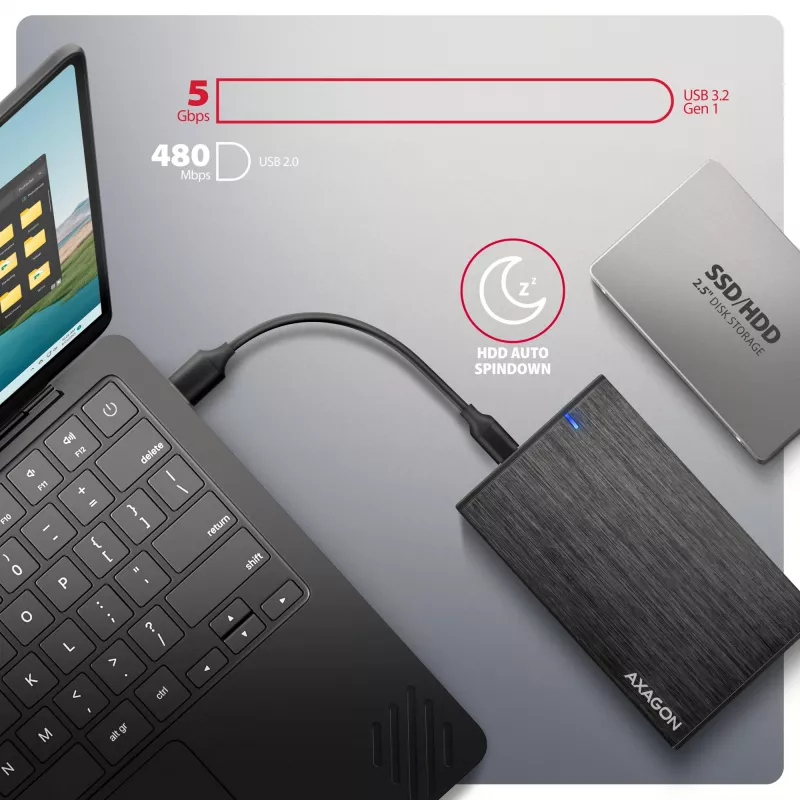 AXAGON EE25-XA6C kompaktne alumiiniumist USB-C 5Gbps – SATA 6G väline karp 2,5-tollisele SSD-le/HDD-le