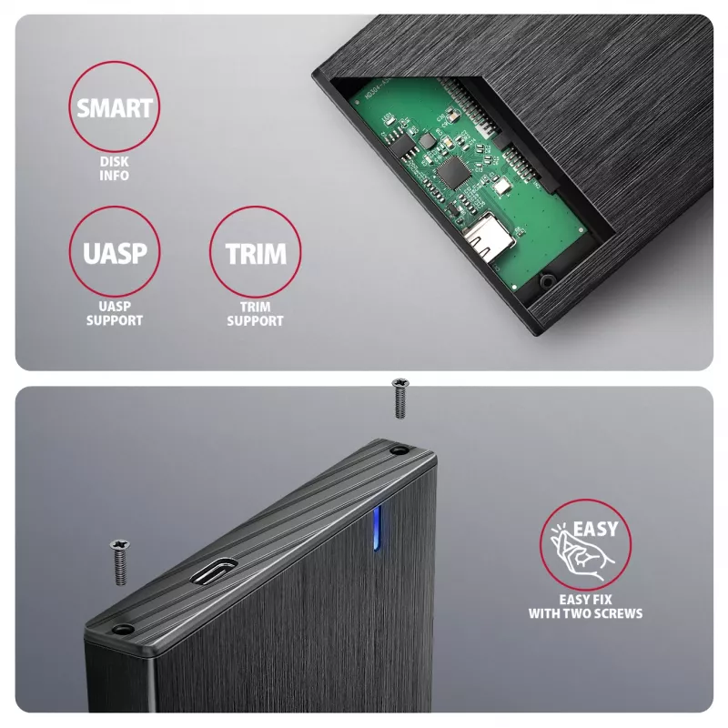 AXAGON EE25-XA6C kompaktne alumiiniumist USB-C 5Gbps – SATA 6G väline karp 2,5-tollisele SSD-le/HDD-le