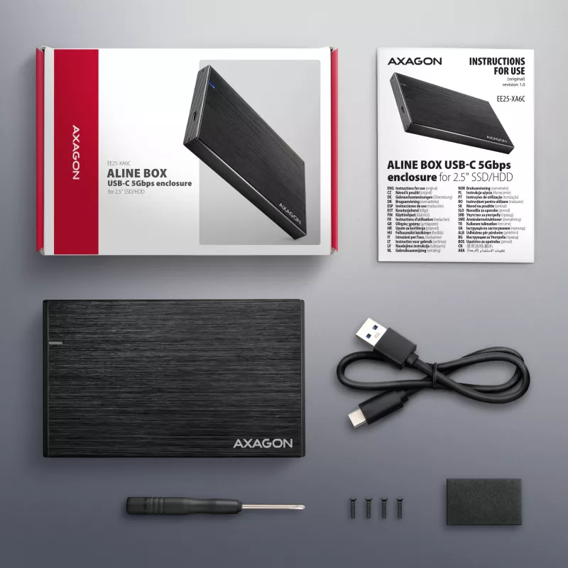 AXAGON EE25-XA6C kompaktne alumiiniumist USB-C 5Gbps – SATA 6G väline karp 2,5-tollisele SSD-le/HDD-le