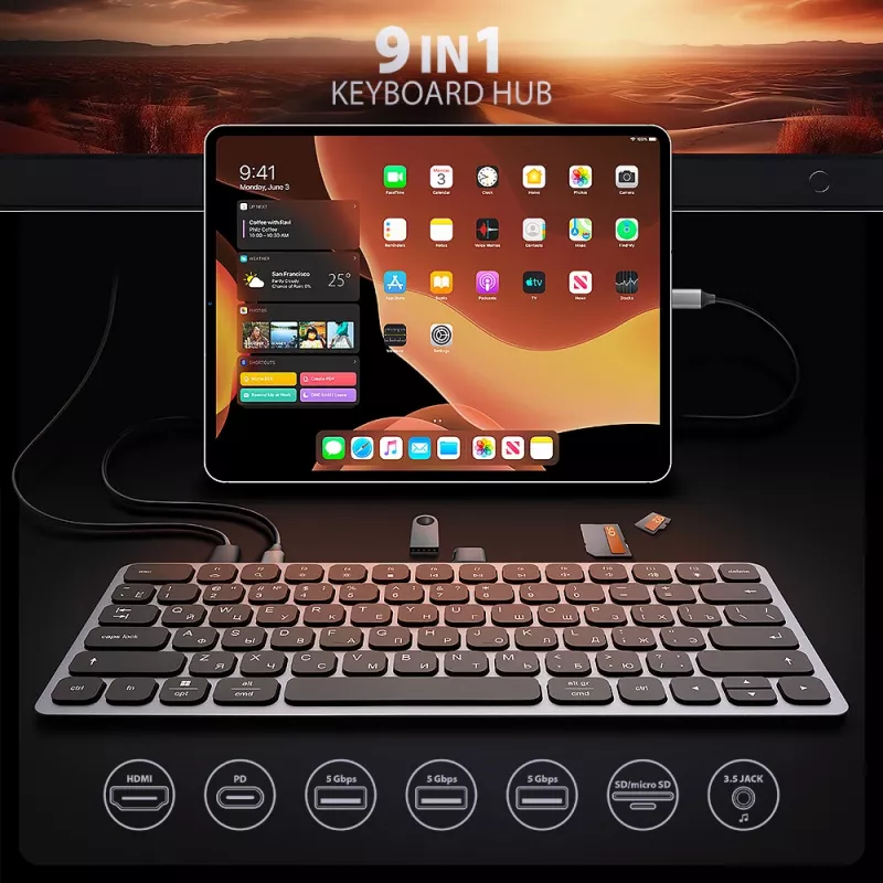 Axagon HMC-KB-CRL, USB 5 Gbps keskus klaviatuuriga, HDMI 4K/60Hz, 3x USB-A, SD/mSD, heli, PD100, kirillitsa klahvistik