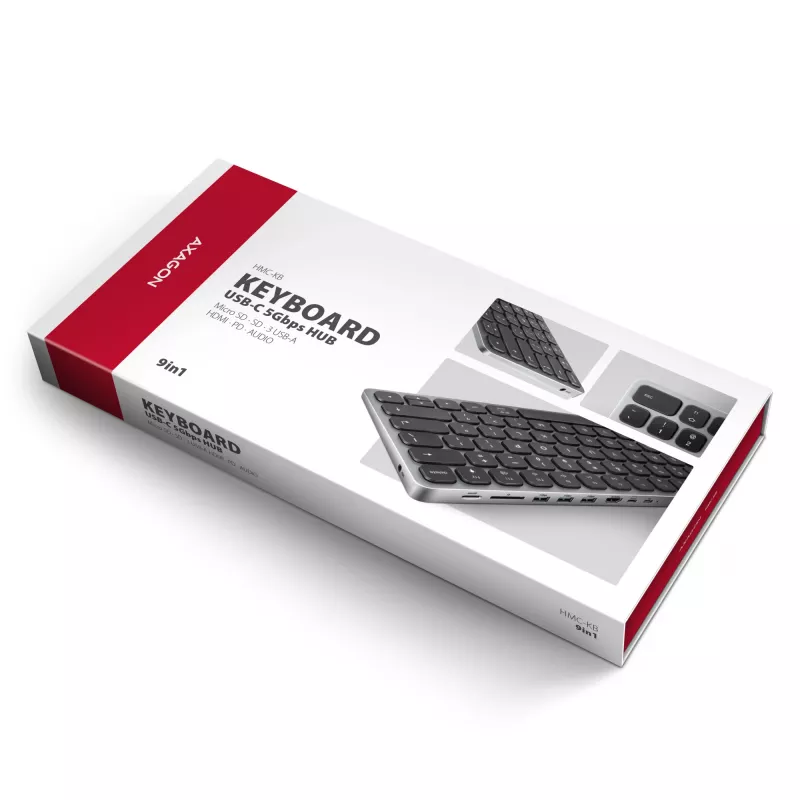Axagon HMC-KB-NRD, USB 5Gbps jaam klaviatuuriga, HDMI 4K/60Hz, 3x USB-A, SD/mSD, heli, PD100, Põhjamaa paigutus