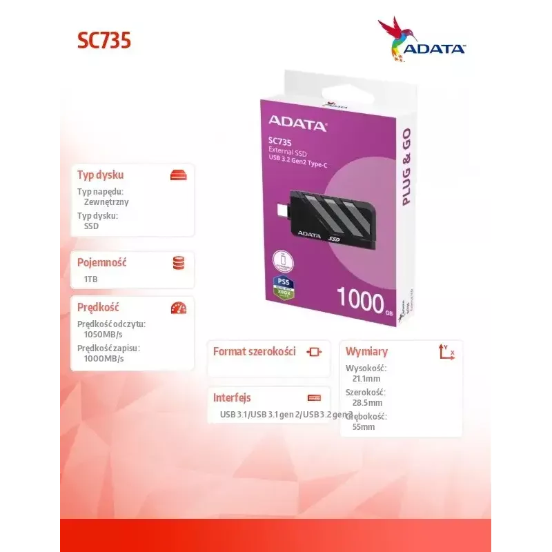 SSD-ketas ADATA 1TB väline 2,5-tolline U3.2C SC735