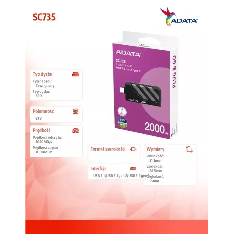 SSD ketas ADATA 2TB väline SC735 U3.2C hall