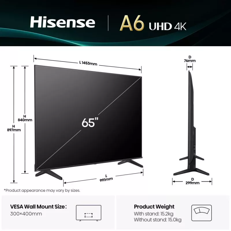 Hisense 65A6Q TV 165,1 cm (65 tolli) 4K Ultra HD Smart TV Wi-Fi Must 330 cd/m²