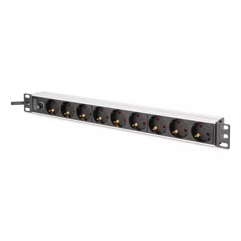 DIGITUS PDU - 1U alumiiniumist riiulikinnituseks 8x CEE 7/7 pistikupesa 1x pistikupesa 10A pistik 250 VAC 50/60 Hz IEC C14 pistik eelkaitsmega