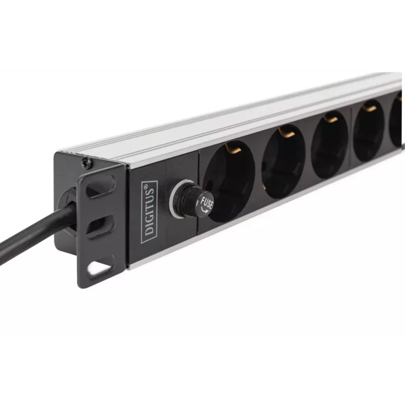 DIGITUS PDU - 1U alumiiniumist riiulikinnituseks 8x CEE 7/7 pistikupesa 1x pistikupesa 10A pistik 250 VAC 50/60 Hz IEC C14 pistik eelkaitsmega