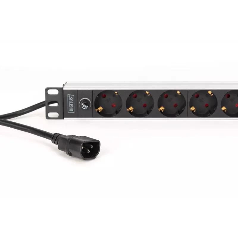 DIGITUS PDU - 1U alumiiniumist riiulikinnituseks 8x CEE 7/7 pistikupesa 1x pistikupesa 10A pistik 250 VAC 50/60 Hz IEC C14 pistik eelkaitsmega