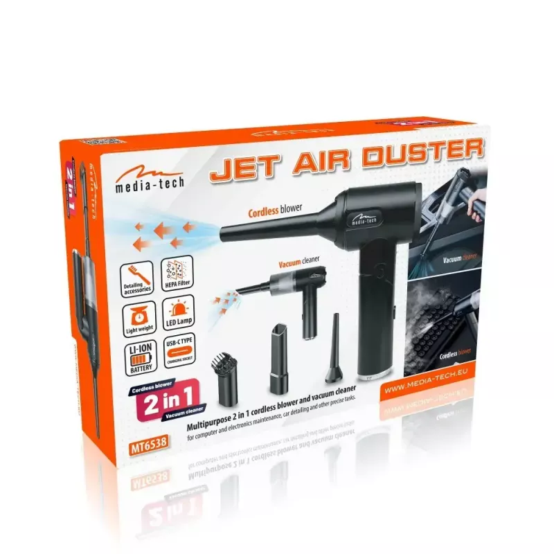 Mini puhur MEDIA-TECH MT6538 2 IN 1 Jet Air Duster — juhtmevaba käsipuhasti, 2000 mAh, 65 W, 2500 l/min, 7000 Pa
