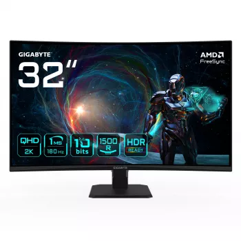 GIGABYTE GS32QCA 31,5-tolline QHD kumer mängurimonitor – 2560 × 1440, 180 Hz, 1 ms, 250 cd/m², FreeSync, HDR-valmis, HDMI 2.0, DisplayPort 1.4
