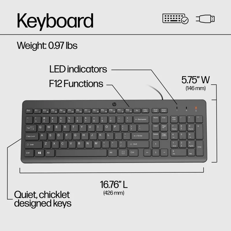 HP 150 juhtmega klaviatuur, täissuuruses (100%), juhtmega, USB, mehaaniline, QWERTY, must