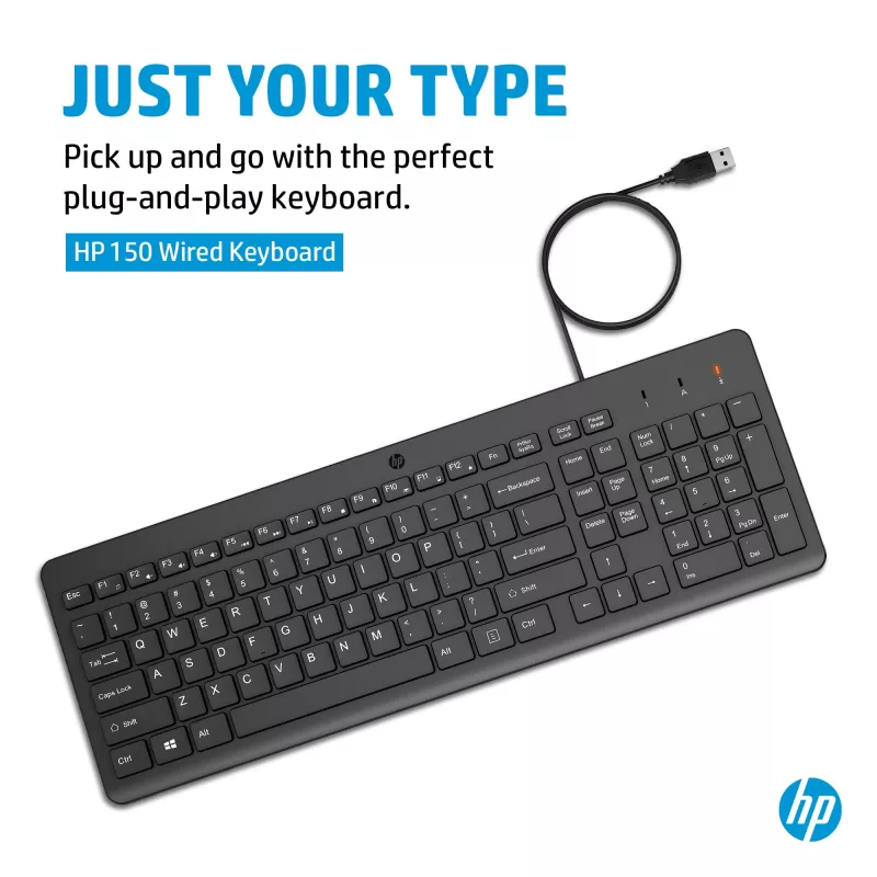 HP 150 juhtmega klaviatuur, täissuuruses (100%), juhtmega, USB, mehaaniline, QWERTY, must