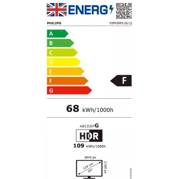 Televiisor Philips 55PUS8510 55 tolli QLED 4K Ultra HD, Titan OS, Wi‑Fi, Bluetooth 5.2, HDR10+, 3×HDMI, 2×USB, 20W, must