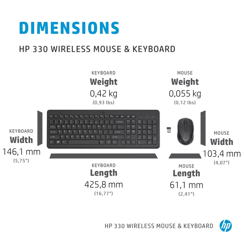 HP 330 juhtmevaba hiire ja klaviatuuri komplekt, täissuuruses (100%), juhtmevaba, RF-juhtmevaba, QWERTY, must, hiir kaasas