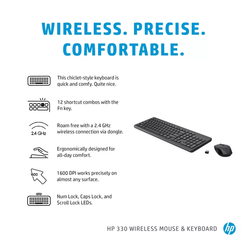 HP 330 juhtmevaba hiire ja klaviatuuri komplekt, täissuuruses (100%), juhtmevaba, RF-juhtmevaba, QWERTY, must, hiir kaasas